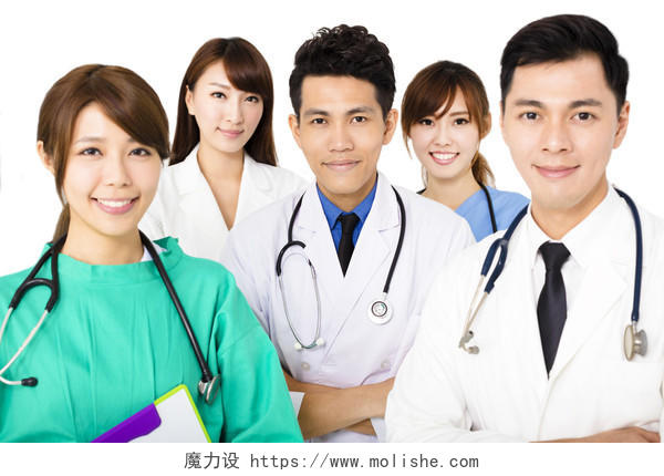 白色背景上微笑医疗团队站在一起开心幸福团队医护团队微笑的护士医护人员